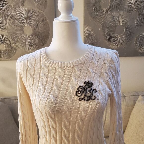 ✨ RALPH LAUREN ✨ Crest Cable-Knit Sweater - [Ivory, XXS] - Picture 4 of 13